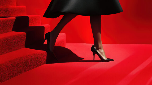 sophisticated black high heels on red carpet event, glamorous high fashion statement. edgy heels campaign with model wearing heels on red carpet. Red carpet concept