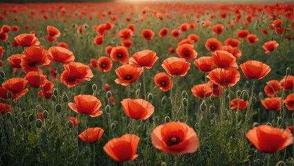 field of poppies blooming in the sunrise