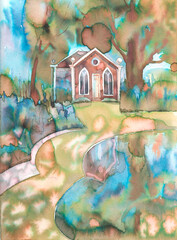English small cottage and summer day hand painted with watercolor on white paper, countryside, bright colors, summer. Art for graphic design