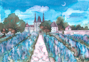 French old estate and blooming lavender field hand painted on graphic design paper.