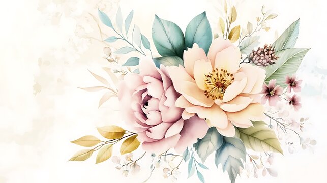 A stunning watercolor floral arrangement in soft pastel tones, ideal for a wedding invitation or bridal shower. The elegant design captures the beauty and grace of a springtime garden.