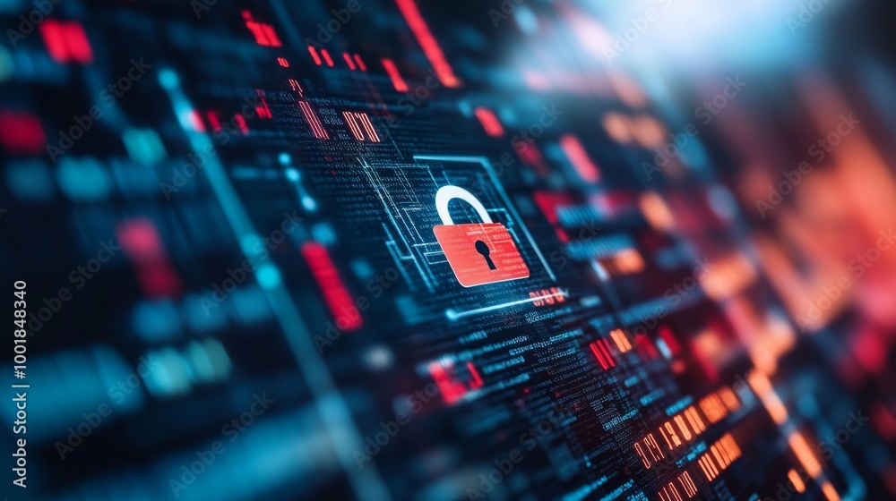 Poster a transparent padlock icon is surrounded by symbols of computers and data streams, set against a vib