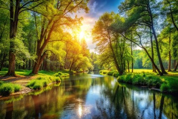 Tranquil forest landscape with sunlight filtering through lush green trees and a serene river view