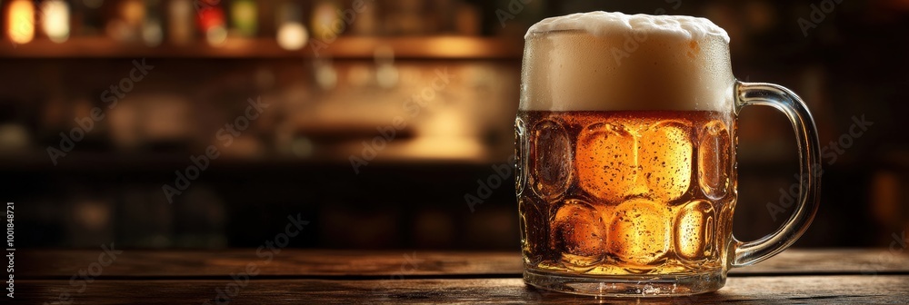 Aufkleber A close-up of a frothy beer mug overflowing with foam on a rustic wooden table in a cozy bar setting. Generative AI