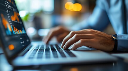 Close-up of hands typing on a keyboard with business documents in the background 