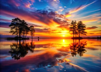 Tranquil Sunset Over Calm Waters with Silhouetted Trees and Reflections Creating Serene Landscape