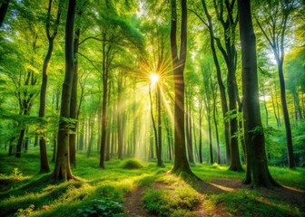 Obraz premium Tranquil Woods Background with Lush Green Foliage and Soft Sunlight Filtering Through Trees