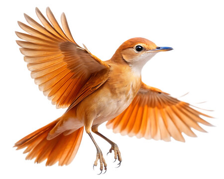 Flying Rufous hornero isolated on white background as transparent