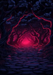 A deeply unsettling illustration of a dense, twisted forest at night. The trees are gnarled and crooked, their branches reaching out like claws. 