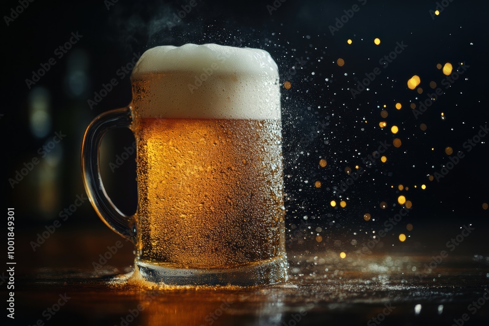 Aufkleber A close-up view of a frothy beer mug overflowing with foam on a rustic wooden table in a cozy pub setting. Generative AI