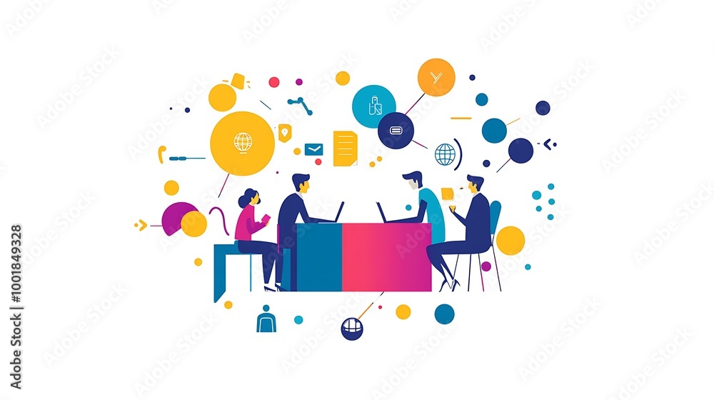 Poster A group of four people are sitting at a table working on laptops with colorful abstract shapes surrounding them.