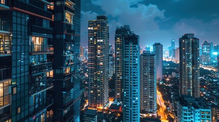 Obraz premium Nighttime urban panorama featuring the dazzling lights of high-rise buildings and the bustling activity of city streets.