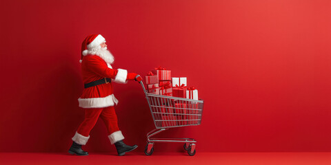 santa claus pushing a shopping cart full of gift boxes and presents in red background for black friday, christmas, the end of the year shopping, discount and sale concept