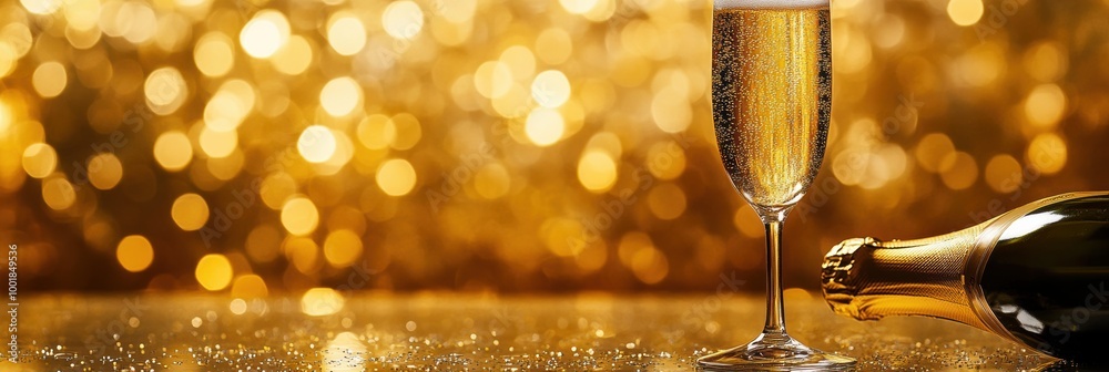 Poster celebrating a special occasion with a sparkling wine flute and a bottle of champagne against a shimm