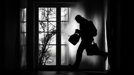 Stealthy Intruder: Silhouette of Burglar Breaking into Office at Night for Safety Awareness or Security Service Advertisements