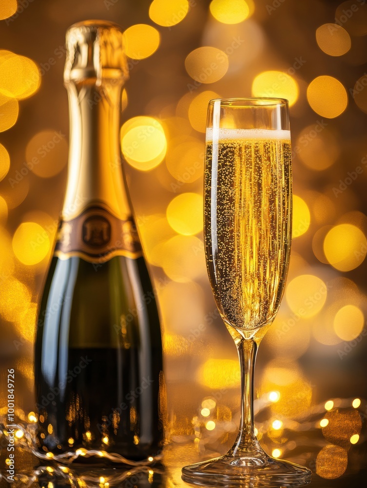 Poster celebrate with a bottle of champagne and a sparkling wine flute against a backdrop of golden lights 