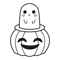 Cute ghost and pumpkin. Coloring page. Halloween print. Vector illustration