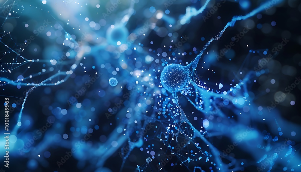 Poster futuristic digital network of luminous blue particles orbiting intricate lines