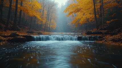 Scenic view of a peaceful river flowing through a dense forest in autumn 