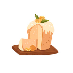 Italian panettone cupcake decorating with leaves, holly, orange and cranberries on a wooden stand. Vector illustration isolated on white background