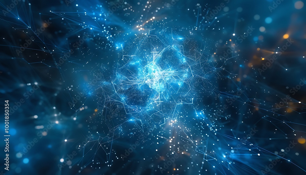 Poster Futuristic Digital Network of Luminous Blue Particles Orbiting Intricate Lines