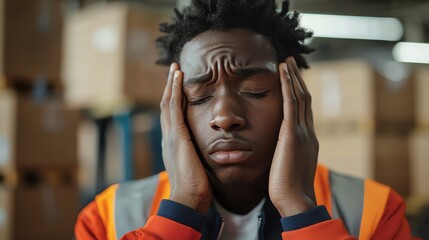 Obraz premium A man in an orange vest is holding his head in his hands