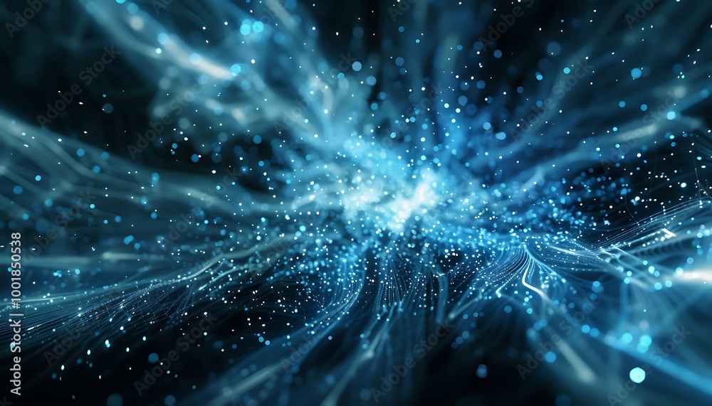 Poster futuristic digital network of luminous blue particles orbiting intricate lines