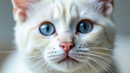 Close-up of a white cat with striking blue eyes. The cat's face is centered, with its pink nose and long white whiskers prominently visible. 
