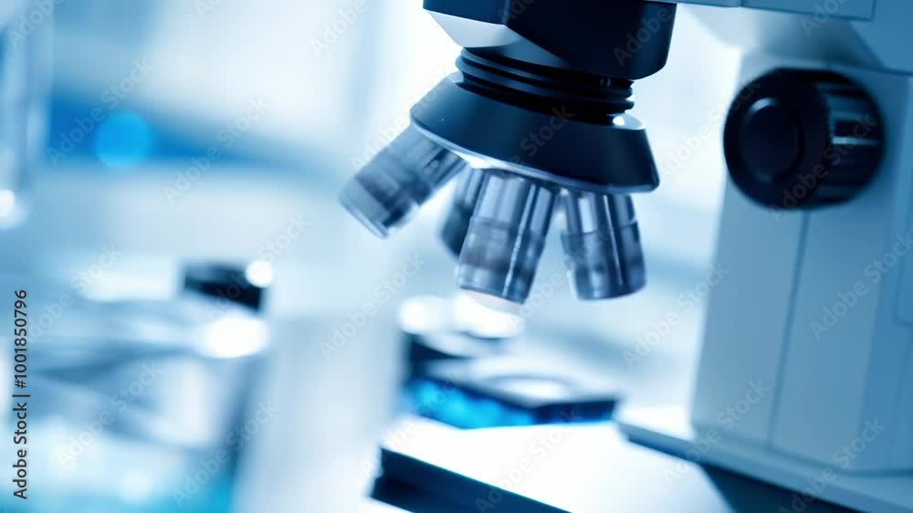 Poster close up of a modern medical microscope standing on a laboratory table with other equipment out of f