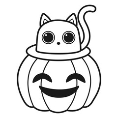 Cute cat and pumpkin. Coloring page. Halloween print. Vector illustration
