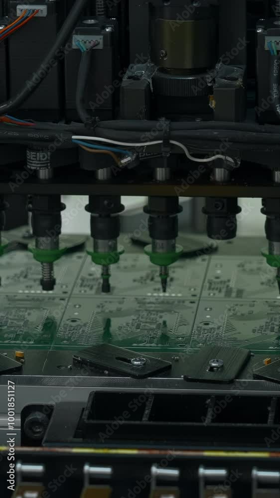 Poster automatic pick and place machine is installing components on circuit board. creative. electronic dev