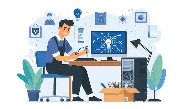  IT specialist fixing a computer in an office space