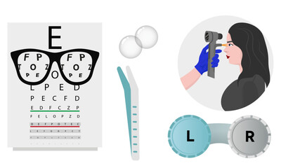 Ophthalmology oculist set vision correction eye anatomy with exam table 