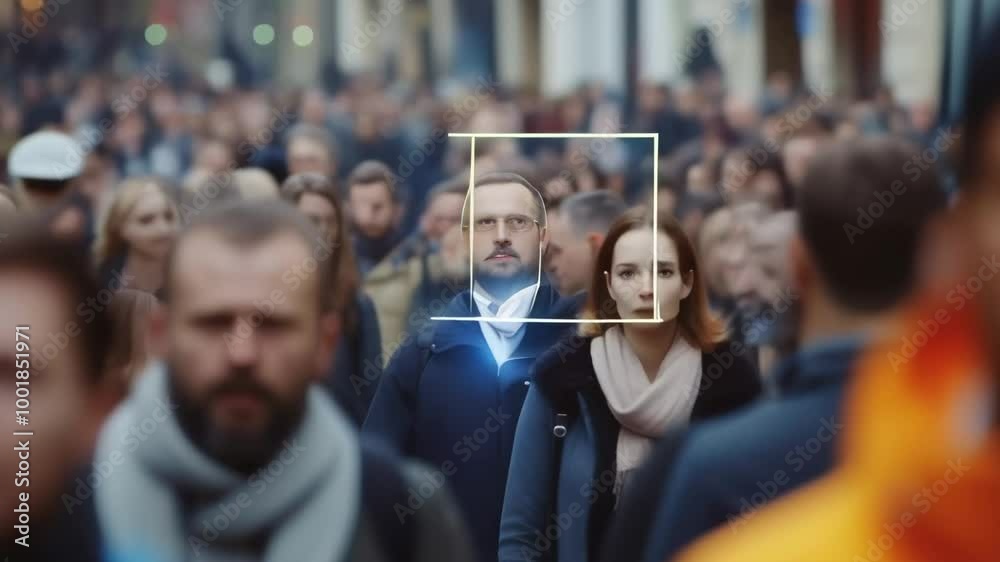 Poster facial recognition software scanning a crowd and detecting people's faces, highlighting potential us