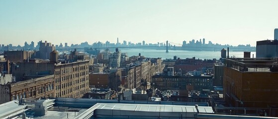 Ultra wide angle Anamorphic New York city year 1860 industrial revolution , daytime clear sky view of the city from a roof 