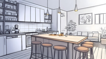 Home house apartment design sketch contemporary luxurious cozy modern wooden kitchen living room area construction interior architect drawing furniture