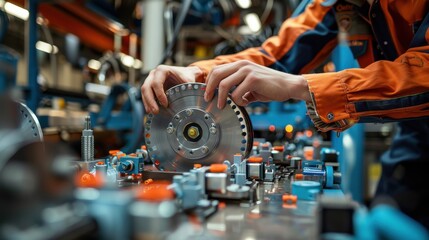A close-up of an employee holding a car brake disc while a factory auto mechanic installs brake pads and calipers on the front of the vehicle.