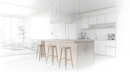 Home house apartment design sketch contemporary luxurious cozy modern wooden kitchen living room area construction interior architect drawing furniture