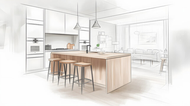 Home house apartment design sketch contemporary luxurious cozy modern wooden kitchen living room area construction interior architect drawing furniture