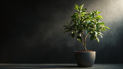 Fototapeta premium Potted plant illuminated by soft light on dark background