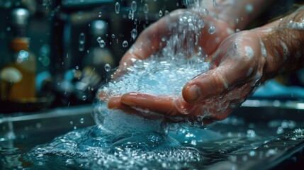 Soapy hands being rubbed together, emphasizing the bubbles and cleanliness