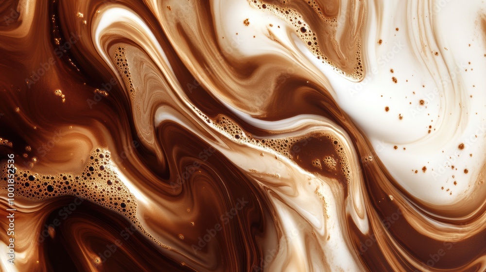 Fototapete Swirling coffee blends seamlessly with milk, creating a dynamic abstract pattern in a cup during morning coffee time. Generative AI