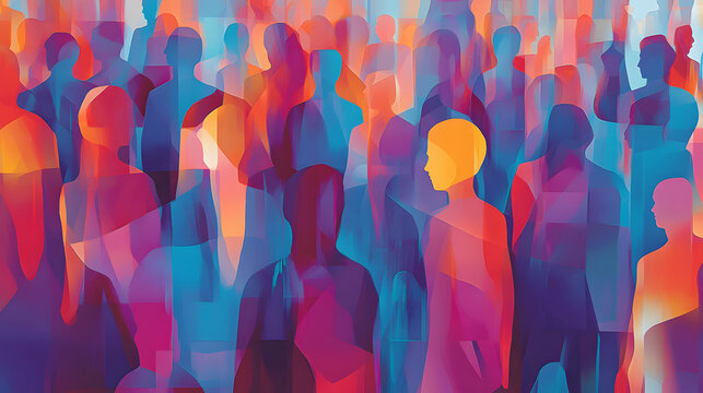 abstract digital illustration large group people standing together crowded vibrant colors colorful red blue orange purple dynamic background social gathering united stress collaboration