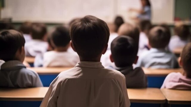 Group of elementary school students sitting in a classroom at desks, listening to their teacher giving a lesson at the front of the room