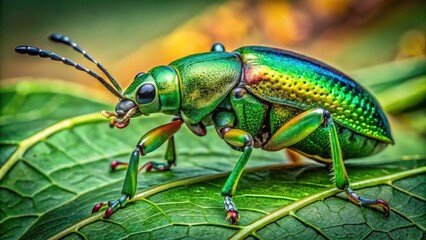 Naklejka premium Vibrant Big Green Insect Captured on Leaf in Natural Habitat with Detailed Textures and Colors