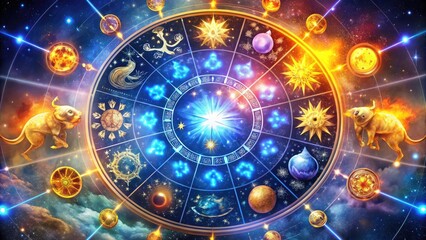 Vibrant Birth Sign Illustration Featuring Zodiac Symbols, Constellations, and Celestial Elements