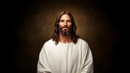 Jesus in a serene moment, focusing on his compassionate expression, enhanced by warm, ethereal lighting and earth-tone backgrounds