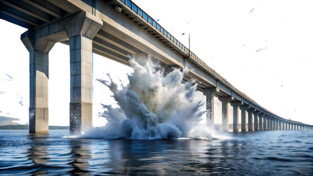 Explosion in bridge isolated on white background as transparent. PNG