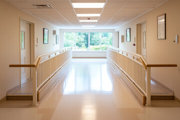 Obraz premium quiet nursing home hallway with handrails and soft lighting creates serene atmosphere.