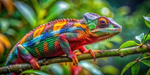 Obraz premium Vibrant Camillians Lizard on a Branch Surrounded by Lush Greenery in Natural Habitat Environment